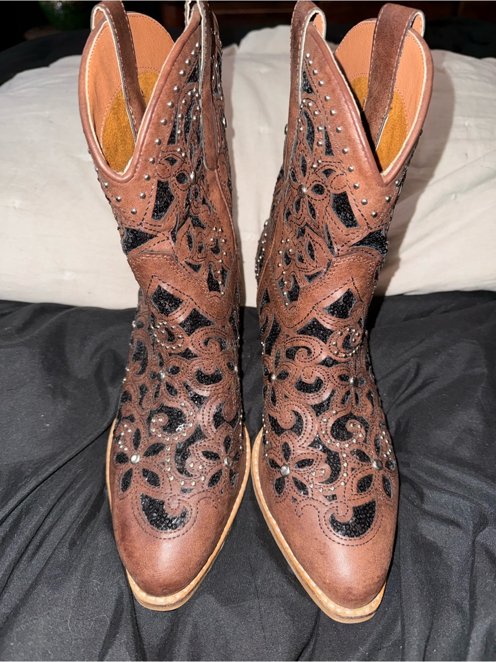 Beast Brown Western Embossed Cutout Boots with Black sequence